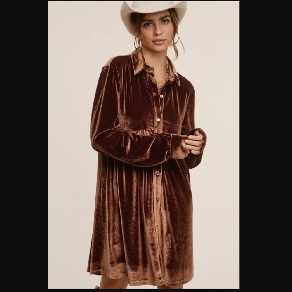 Button Front Velvet Mini Dress - Smoked Topaz